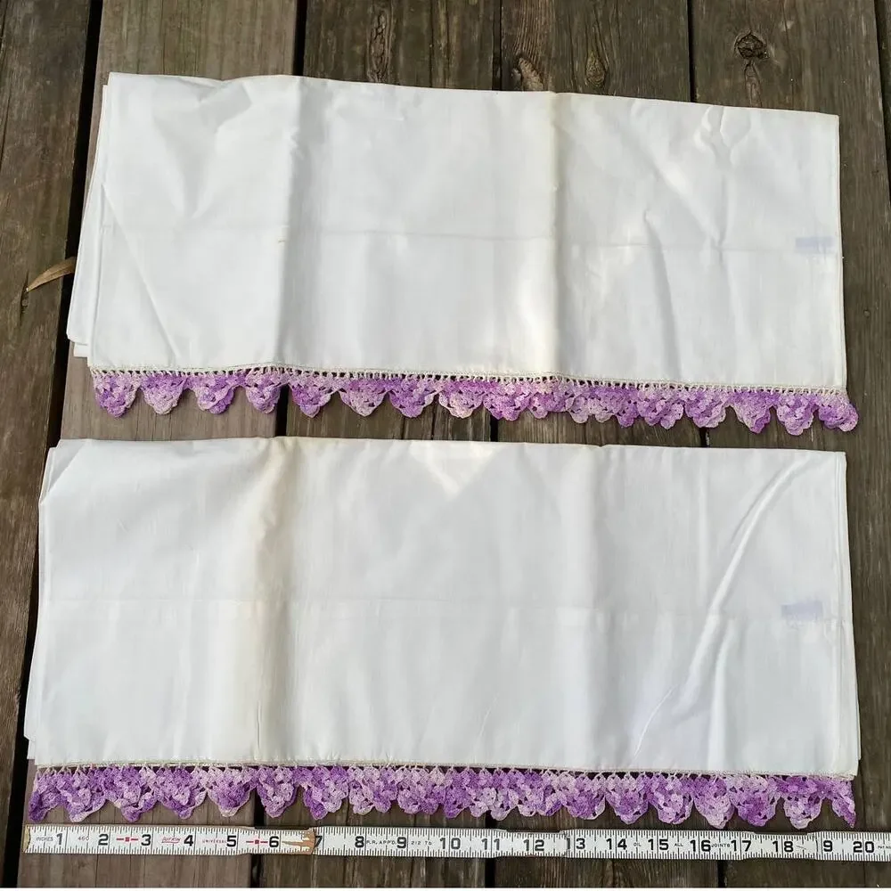 pillow case pair with crocheted trim purple